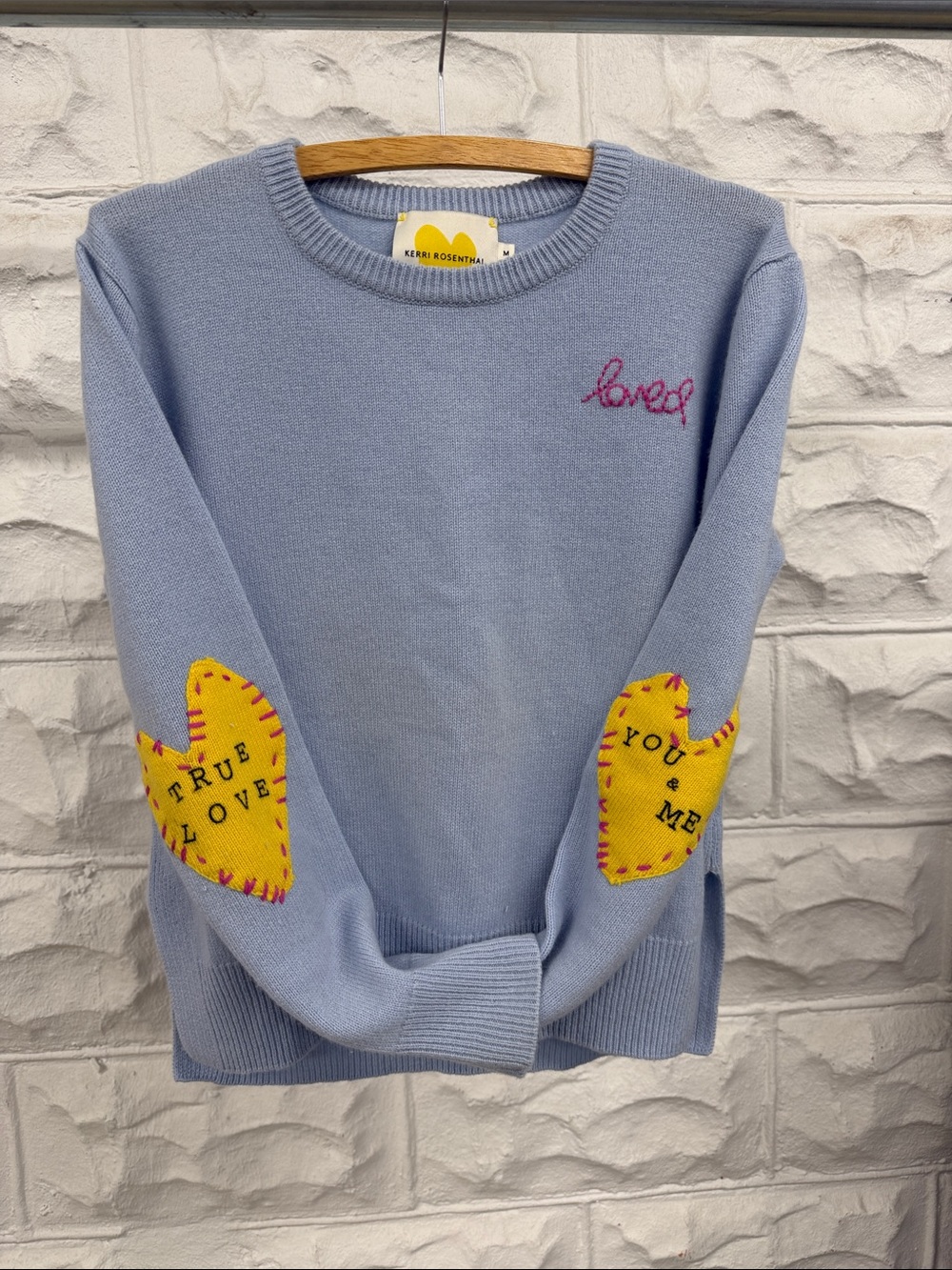 KERRI ROSENTHAL BLUE CASHMERE LOVE PATCHWORK SWEATER